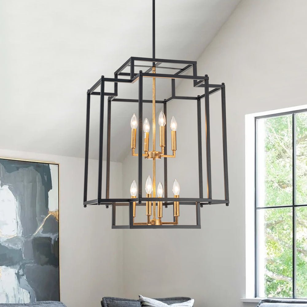 Industrial 8-Light Tiered Square Cage Candle Pendant Chandelier, Black Gold Finish