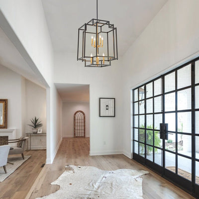 Industrial 8-Light Tiered Square Cage Candle Pendant Chandelier, Black Gold Finish