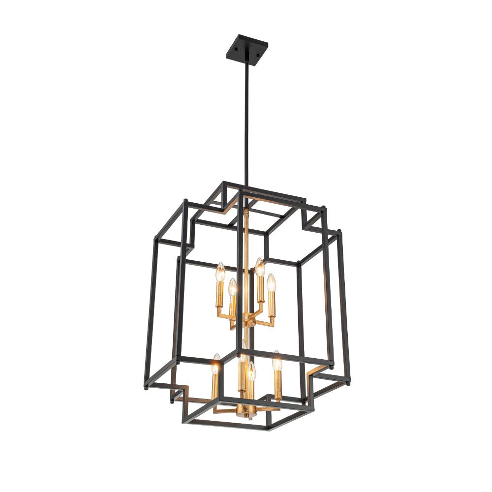 Industrial 8-Light Tiered Square Cage Candle Pendant Chandelier, Black Gold Finish