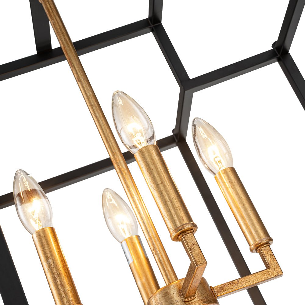 Industrial 8-Light Tiered Square Cage Candle Pendant Chandelier, Black Gold Finish