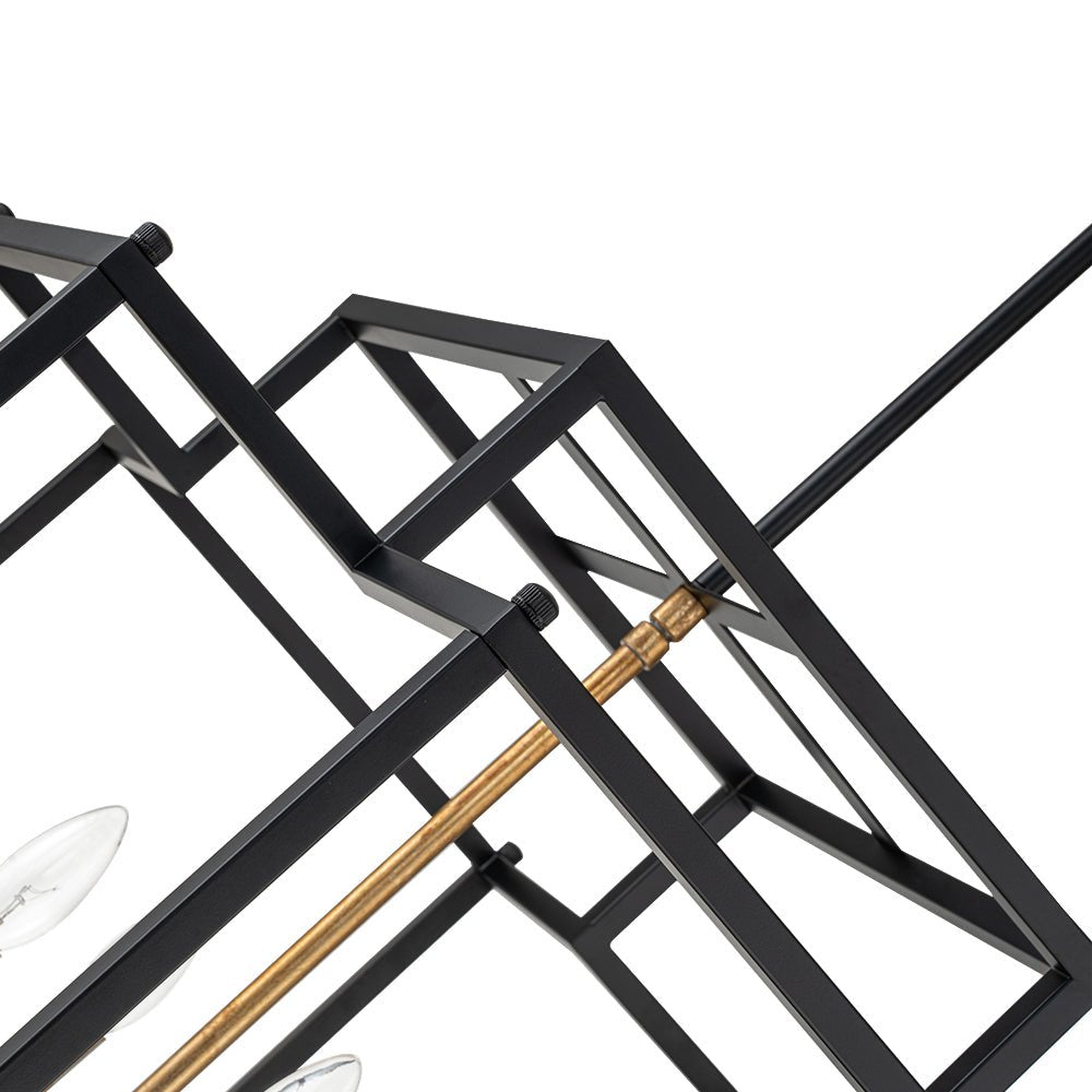 Industrial 8-Light Tiered Square Cage Candle Pendant Chandelier, Black Gold Finish