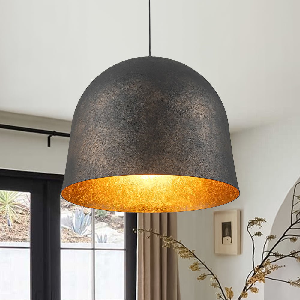 Industrial Antique Metal Dome Pendant Light, Black Finish, Gold Foil Interior