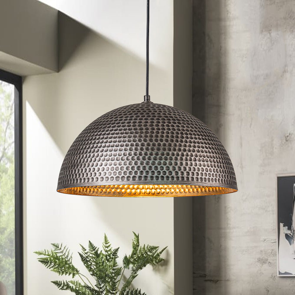 Industrial Hammered Metal Dome Pendant Light, Adjustable Height, Aged Brass, Silver Black