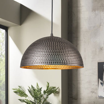 Industrial Hammered Metal Dome Pendant Light, Adjustable Height, Aged Brass, Silver Black