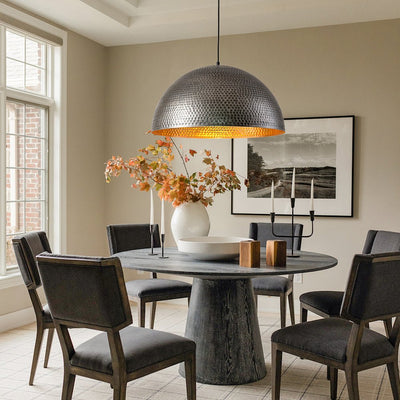Industrial Hammered Metal Dome Pendant Light, Adjustable Height, Aged Brass, Silver Black
