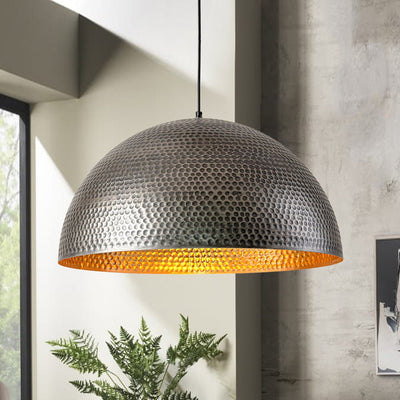 Industrial Hammered Metal Dome Pendant Light, Adjustable Height, Aged Brass, Silver Black