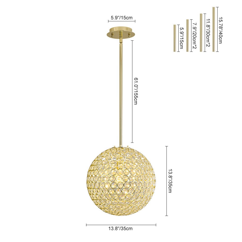 Luxury Polished Gold Crystal Orb Pendant Light, Single-Light, Adjustable Height, E26