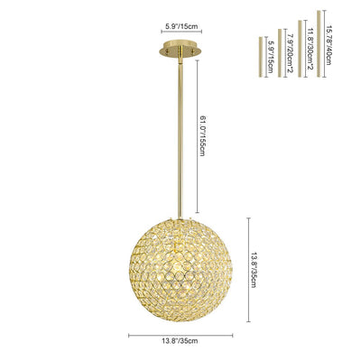 Luxury Polished Gold Crystal Orb Pendant Light, Single-Light, Adjustable Height, E26