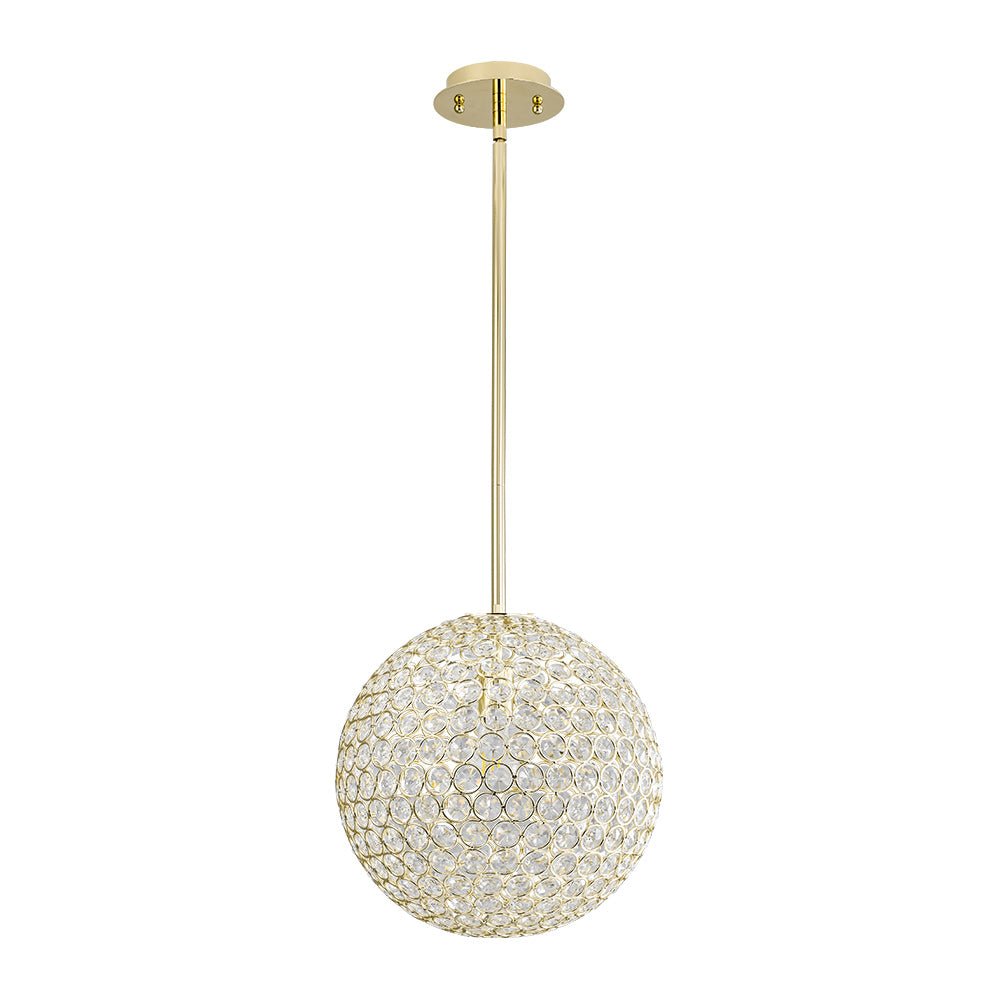 Elegant Crystal Orb Pendant Light, Polished Gold Finish, Adjustable Height, Dimmable