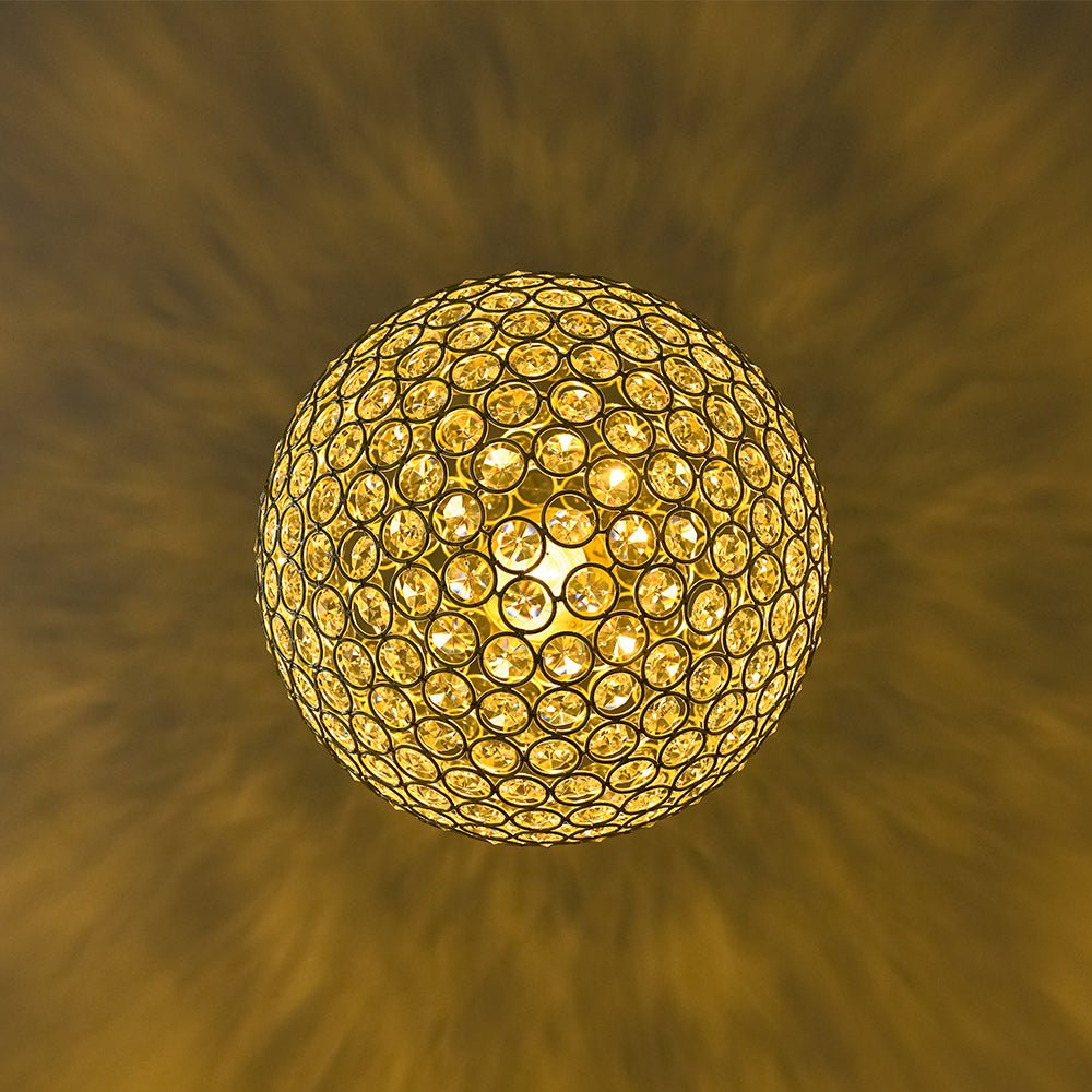 Elegant Crystal Orb Pendant Light, Polished Gold Finish, Adjustable Height, Dimmable