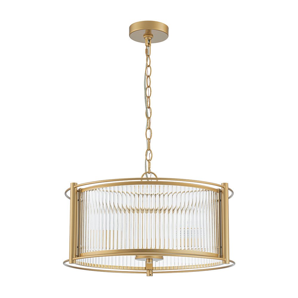 Mid-Century 3-Light Gold Drum Pendant with Clear Striped Glass Shade