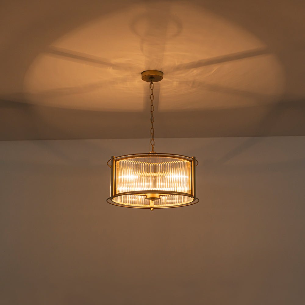 Mid-Century 3-Light Gold Drum Pendant with Clear Striped Glass Shade