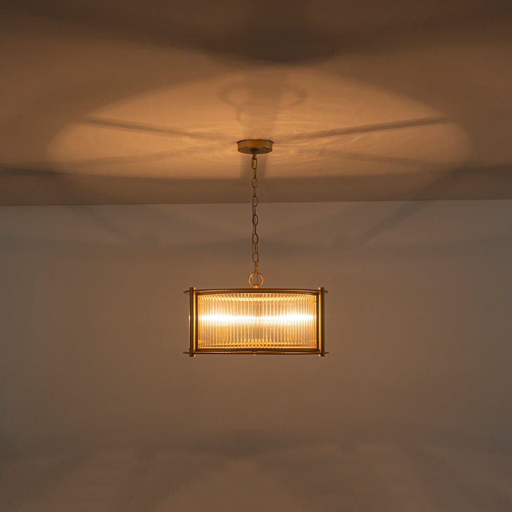 Mid-Century 3-Light Gold Drum Pendant with Clear Striped Glass Shade