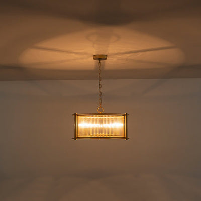Mid-Century 3-Light Gold Drum Pendant with Clear Striped Glass Shade