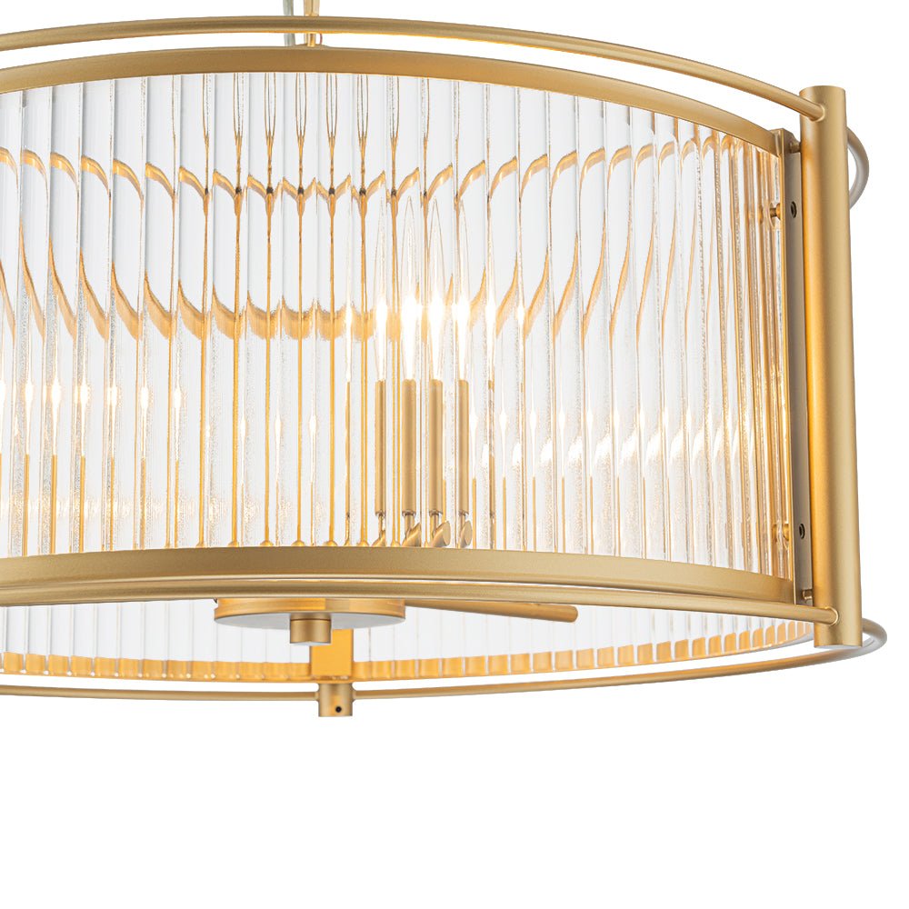 Mid-Century 3-Light Gold Drum Pendant with Clear Striped Glass Shade