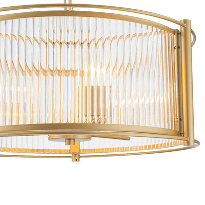 Mid-Century 3-Light Gold Drum Pendant with Clear Striped Glass Shade
