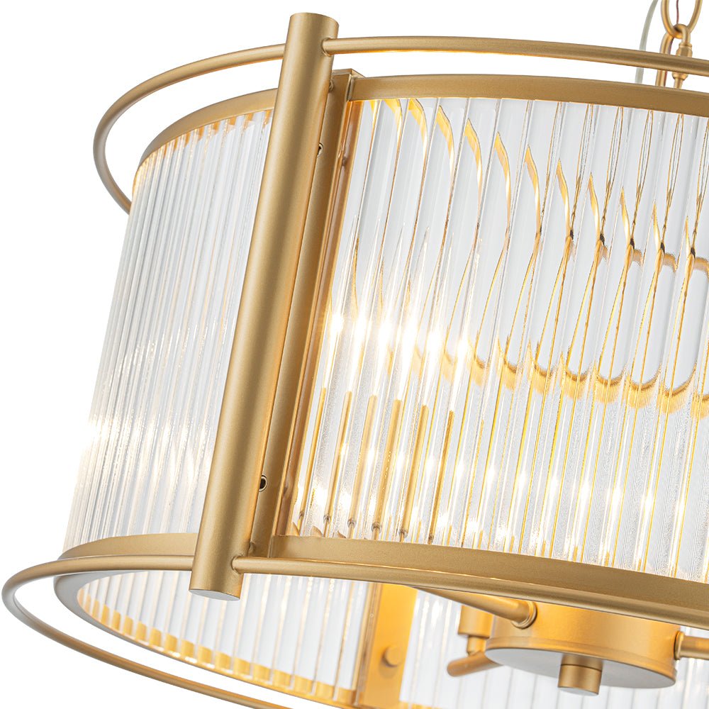 Mid-Century 3-Light Gold Drum Pendant with Clear Striped Glass Shade