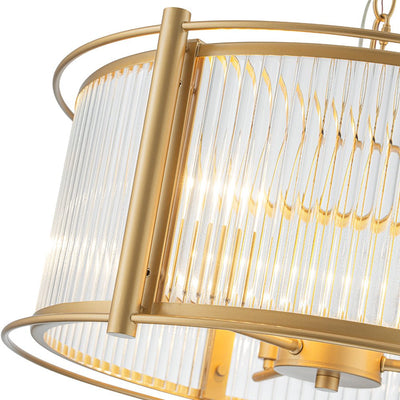 Mid-Century 3-Light Gold Drum Pendant with Clear Striped Glass Shade