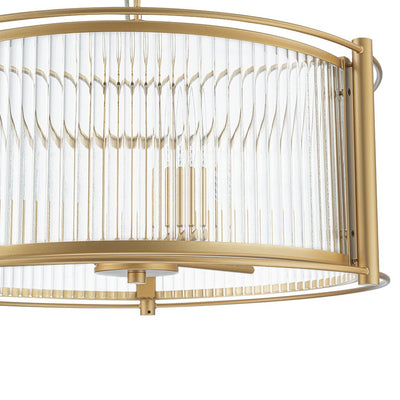 Mid-Century 3-Light Gold Drum Pendant with Clear Striped Glass Shade