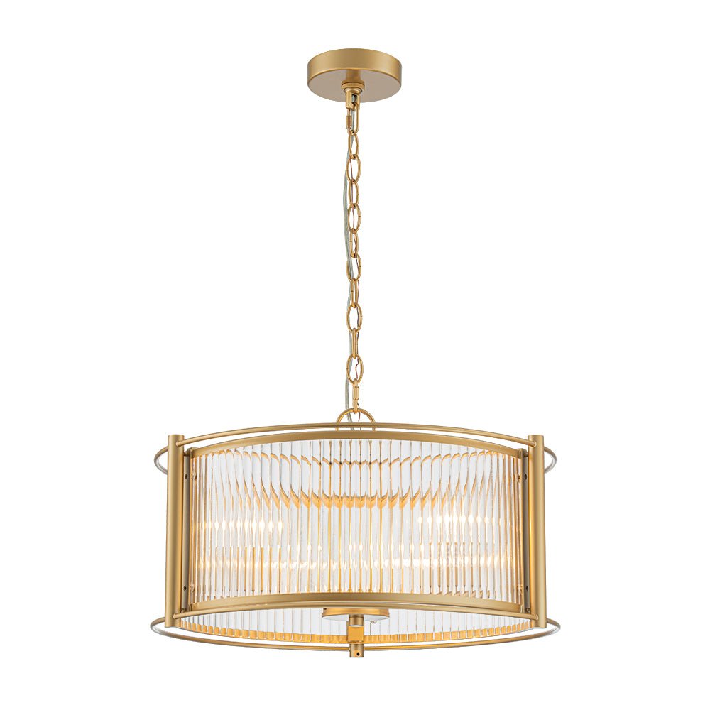 Mid-Century 3-Light Gold Drum Pendant with Clear Striped Glass Shade
