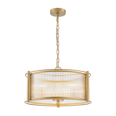 Mid-Century 3-Light Gold Drum Pendant with Clear Striped Glass Shade