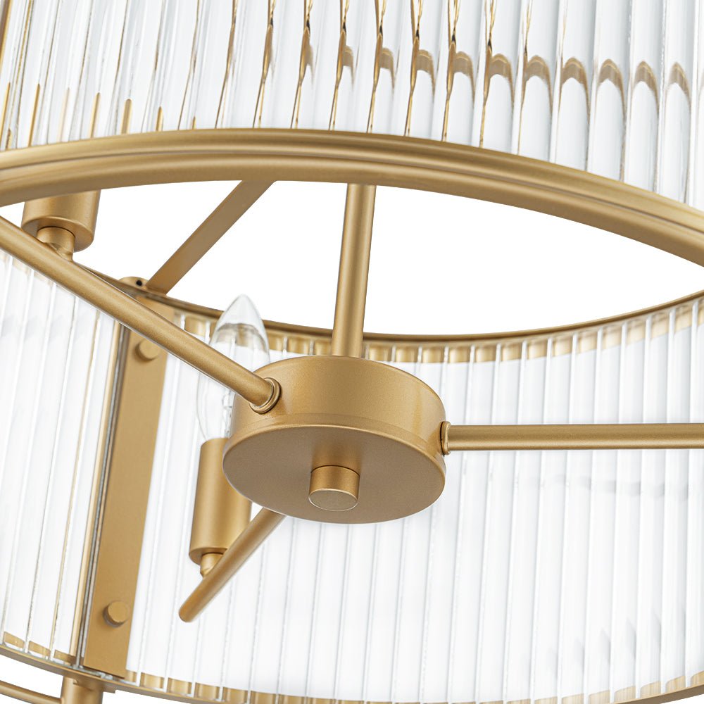 Mid-Century 3-Light Gold Drum Pendant with Clear Striped Glass Shade