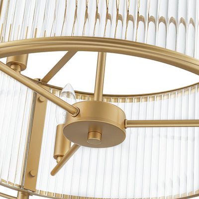 Mid-Century 3-Light Gold Drum Pendant with Clear Striped Glass Shade