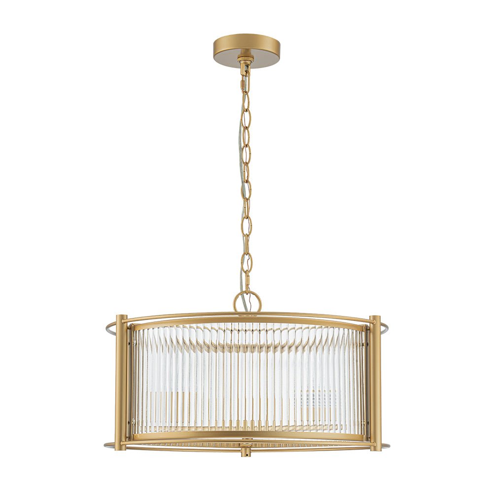 Mid-Century 3-Light Gold Drum Pendant with Clear Striped Glass Shade