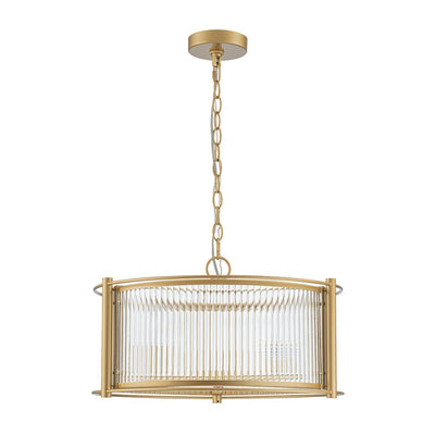 Mid-Century 3-Light Gold Drum Pendant with Clear Striped Glass Shade