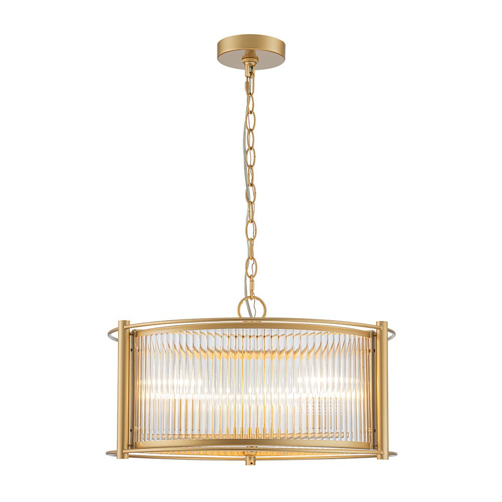Mid-Century 3-Light Gold Drum Pendant with Clear Striped Glass Shade