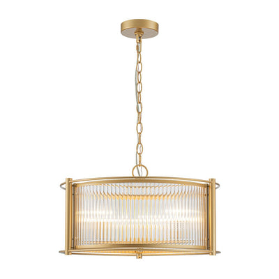 Mid-Century 3-Light Gold Drum Pendant with Clear Striped Glass Shade