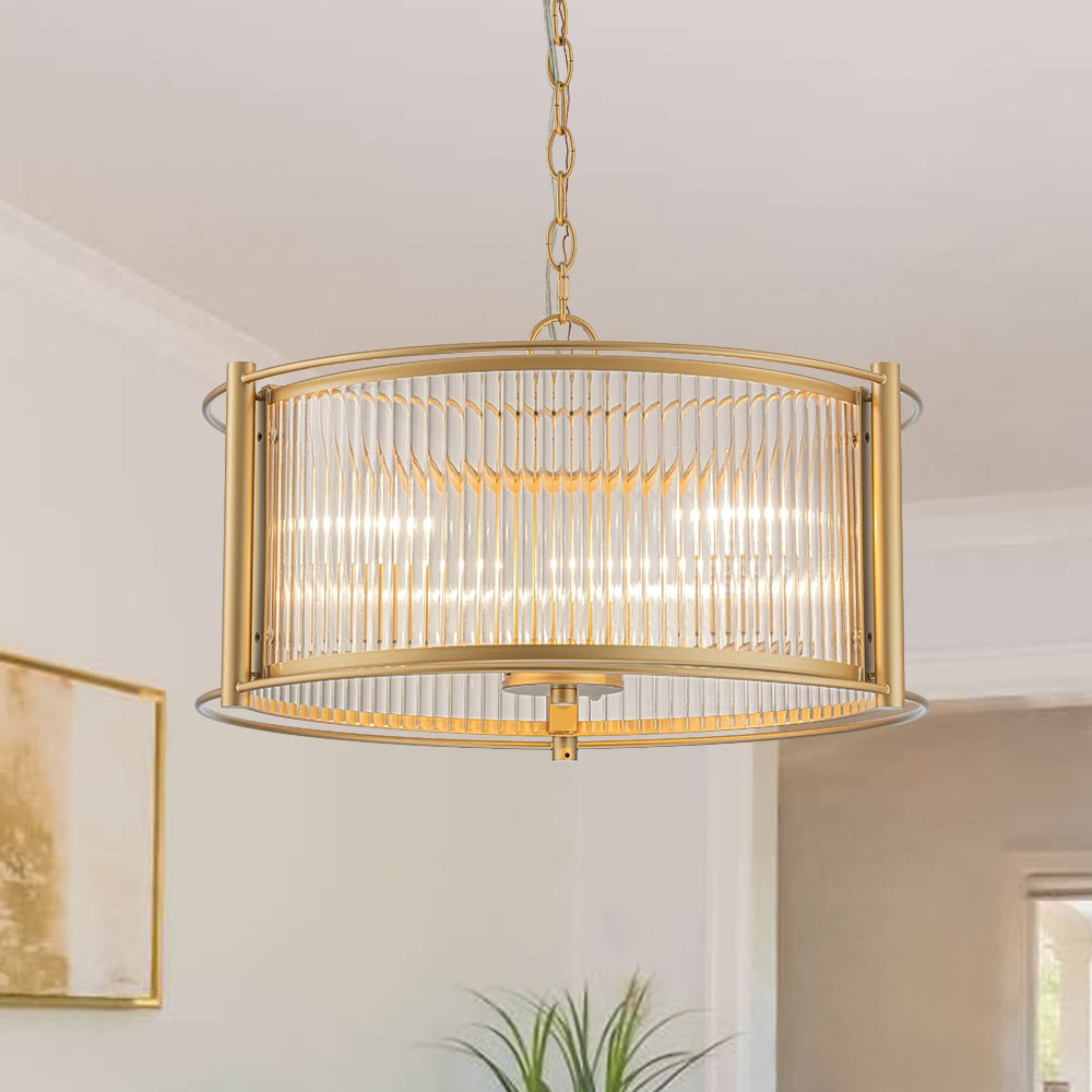 Mid-Century 3-Light Gold Drum Pendant with Clear Striped Glass Shade