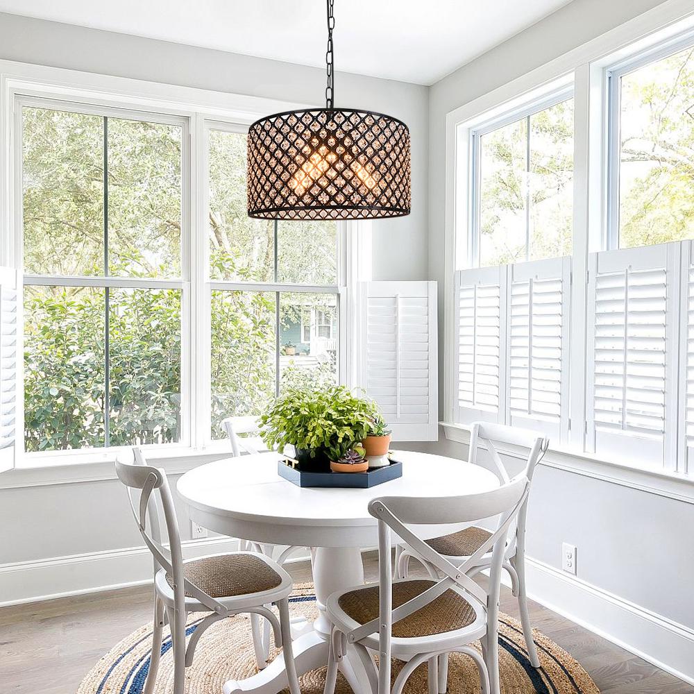 Mid Century 3-Light Drum Pendant Lighting with Crystal Accents, Adjustable Black Finish