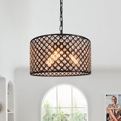 Mid Century 3-Light Drum Pendant Lighting with Crystal Accents, Adjustable Black Finish