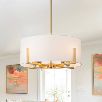 Mid-Century 8-Light Drum Semi-Flush Mount Pendant Chandelier - Black/Brass Finish