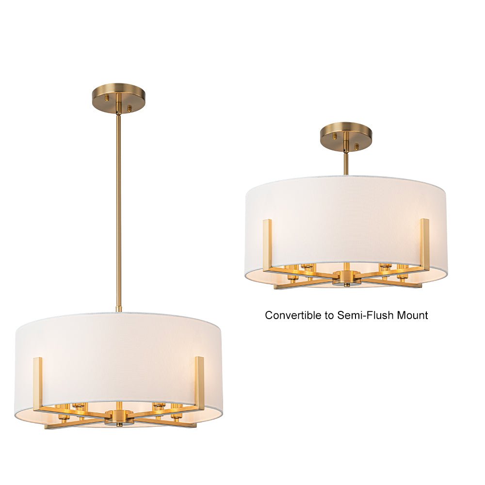 Mid-Century 8-Light Drum Semi-Flush Mount Pendant Chandelier - Black/Brass Finish