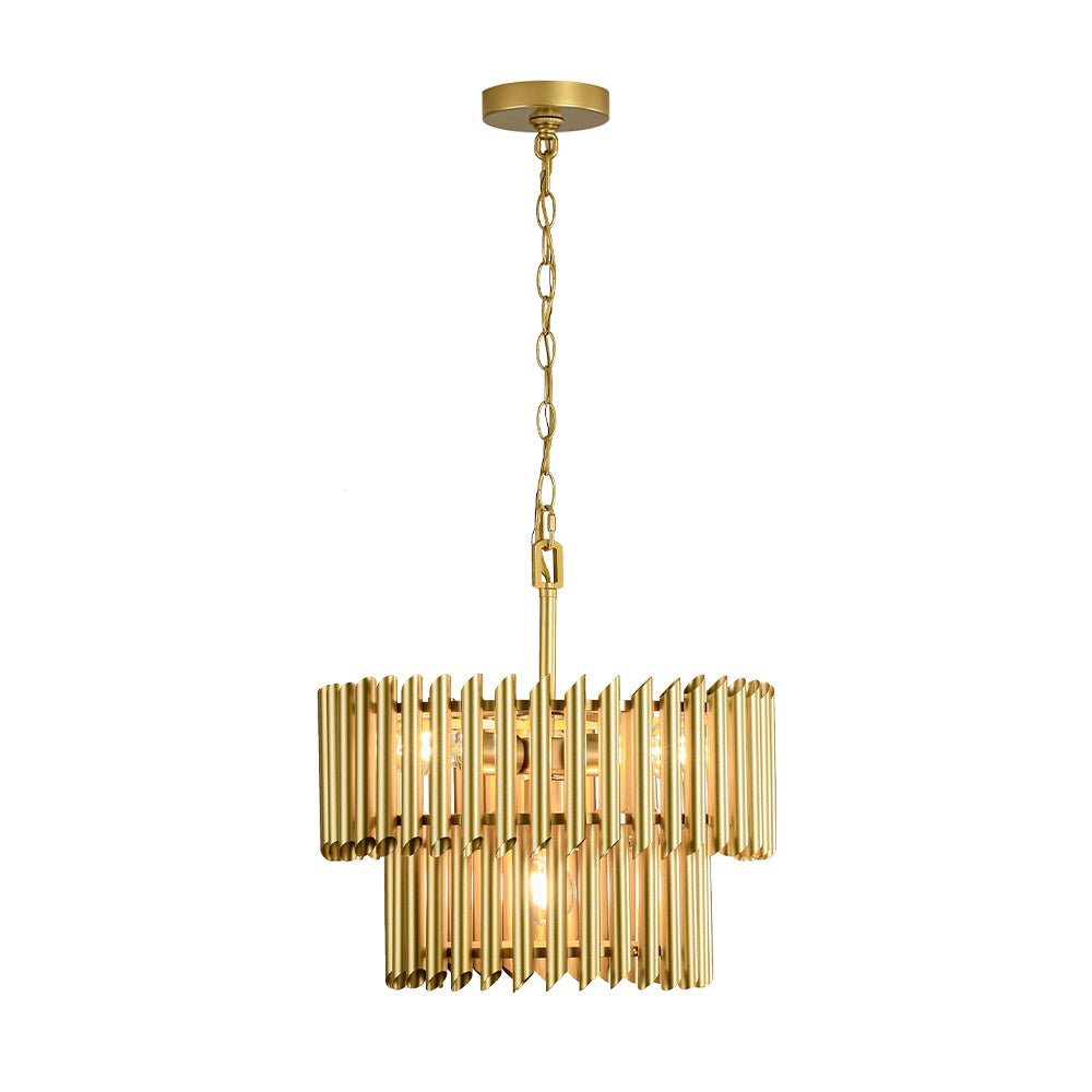 Mid-Century Modern Gold Panpipe 4-Light Tiered Pendant Chandelier Lighting Fixture