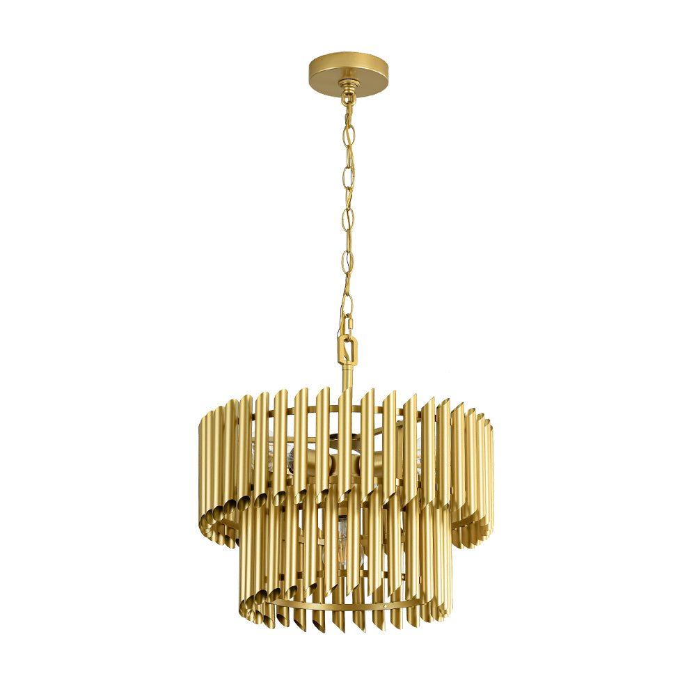 Mid-Century Modern Gold Panpipe 4-Light Tiered Pendant Chandelier Lighting Fixture