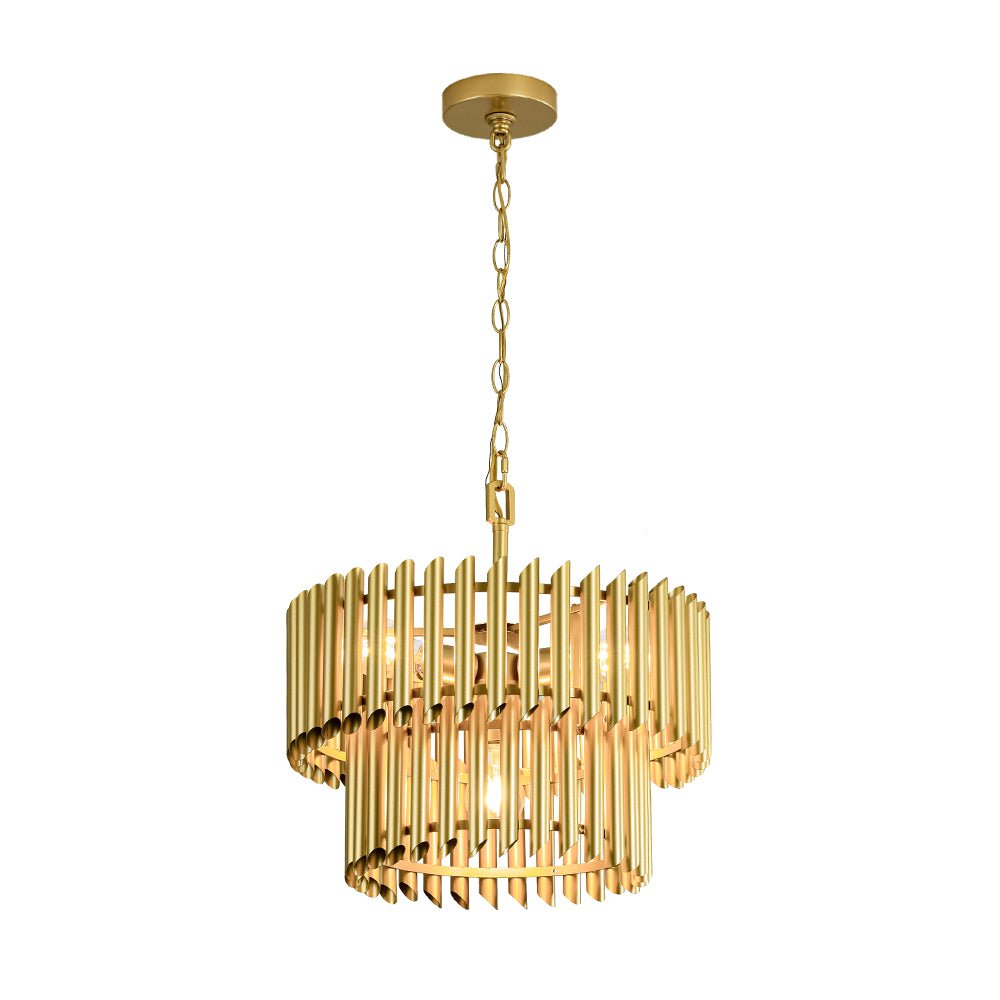 Mid-Century Modern Gold Panpipe 4-Light Tiered Pendant Chandelier Lighting Fixture