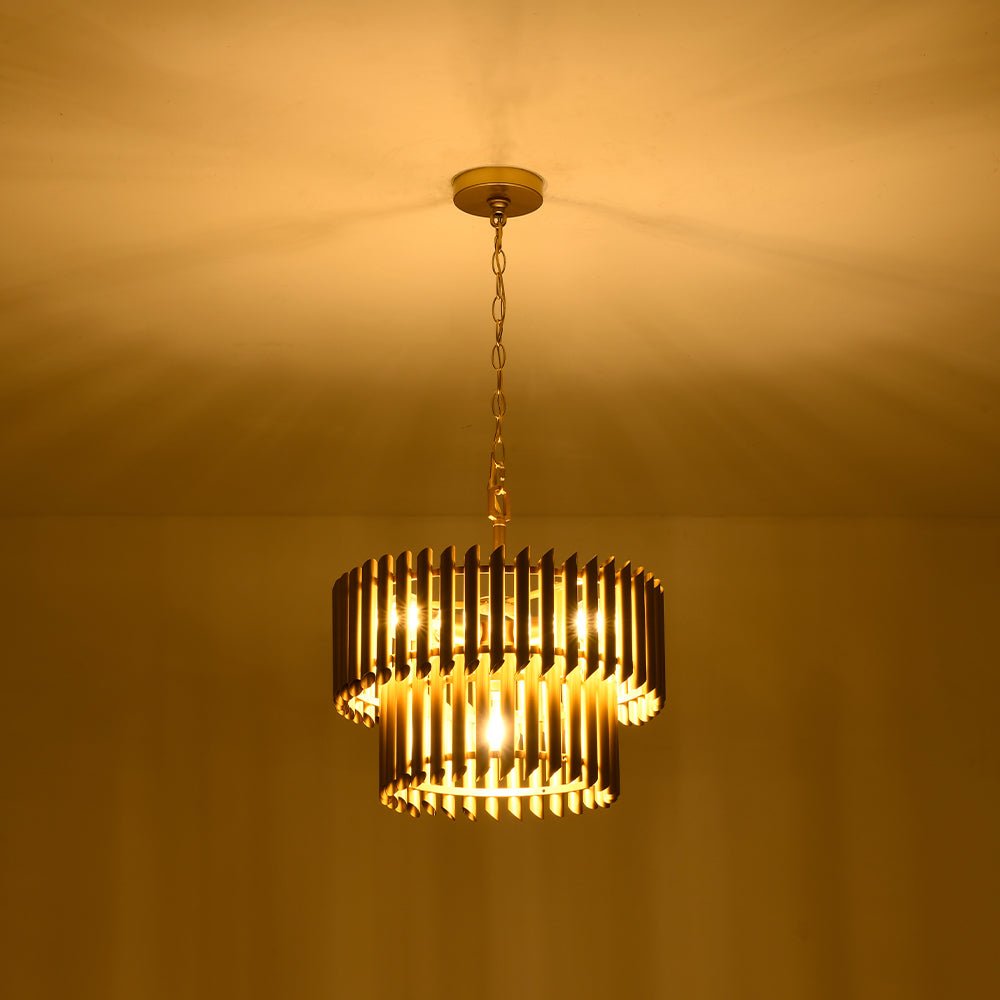 Mid-Century Modern Gold Panpipe 4-Light Tiered Pendant Chandelier Lighting Fixture