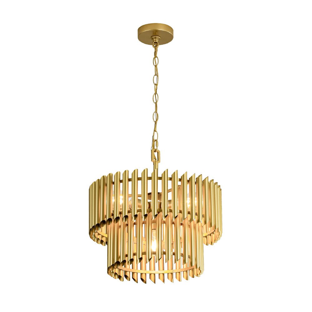 Mid-Century Modern Gold Panpipe 4-Light Tiered Pendant Chandelier Lighting Fixture