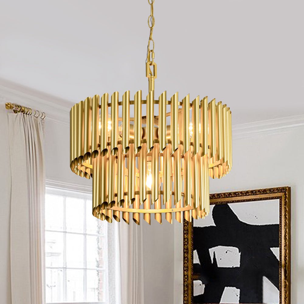 Mid-Century Modern Gold Panpipe 4-Light Tiered Pendant Chandelier Lighting Fixture
