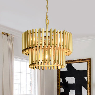 Mid-Century Modern Gold Panpipe 4-Light Tiered Pendant Chandelier Lighting Fixture