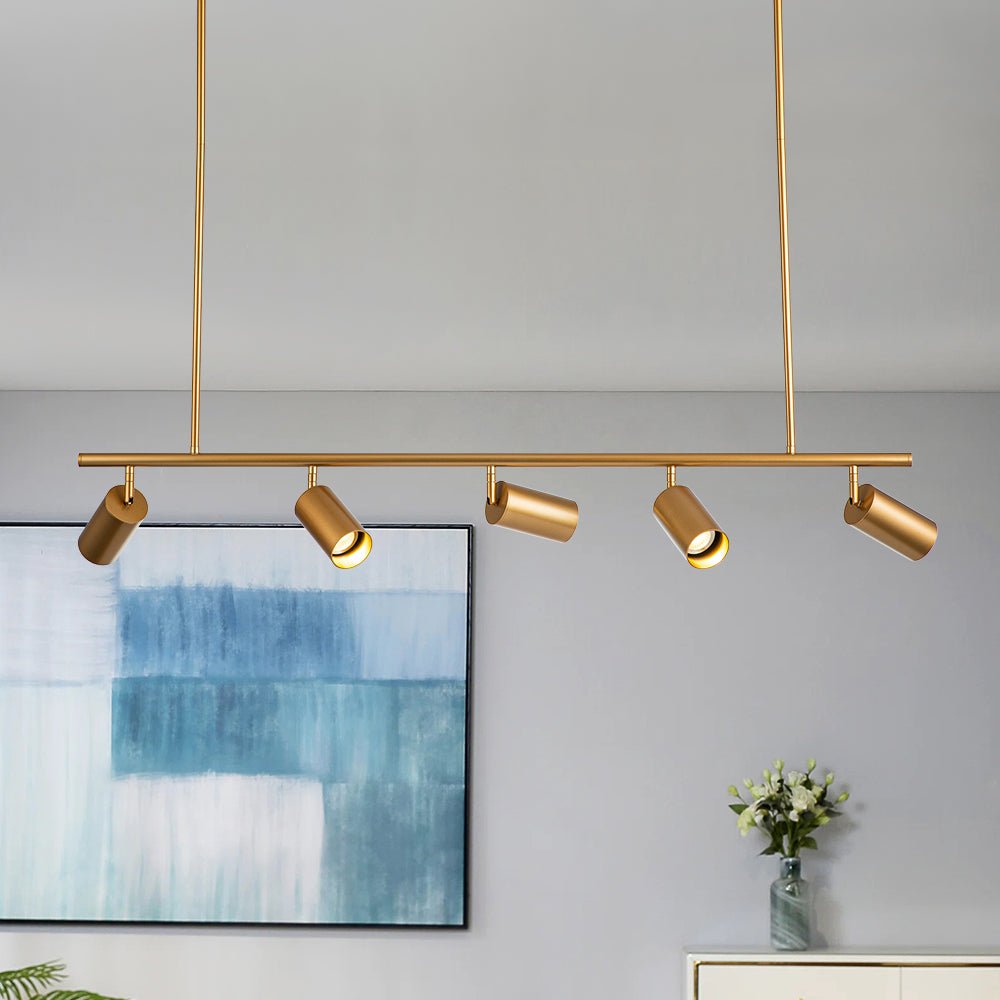 Mid-Century Modern Dimmable Track Light Pendant, Five-Bulb Linear Gold/White Fixture