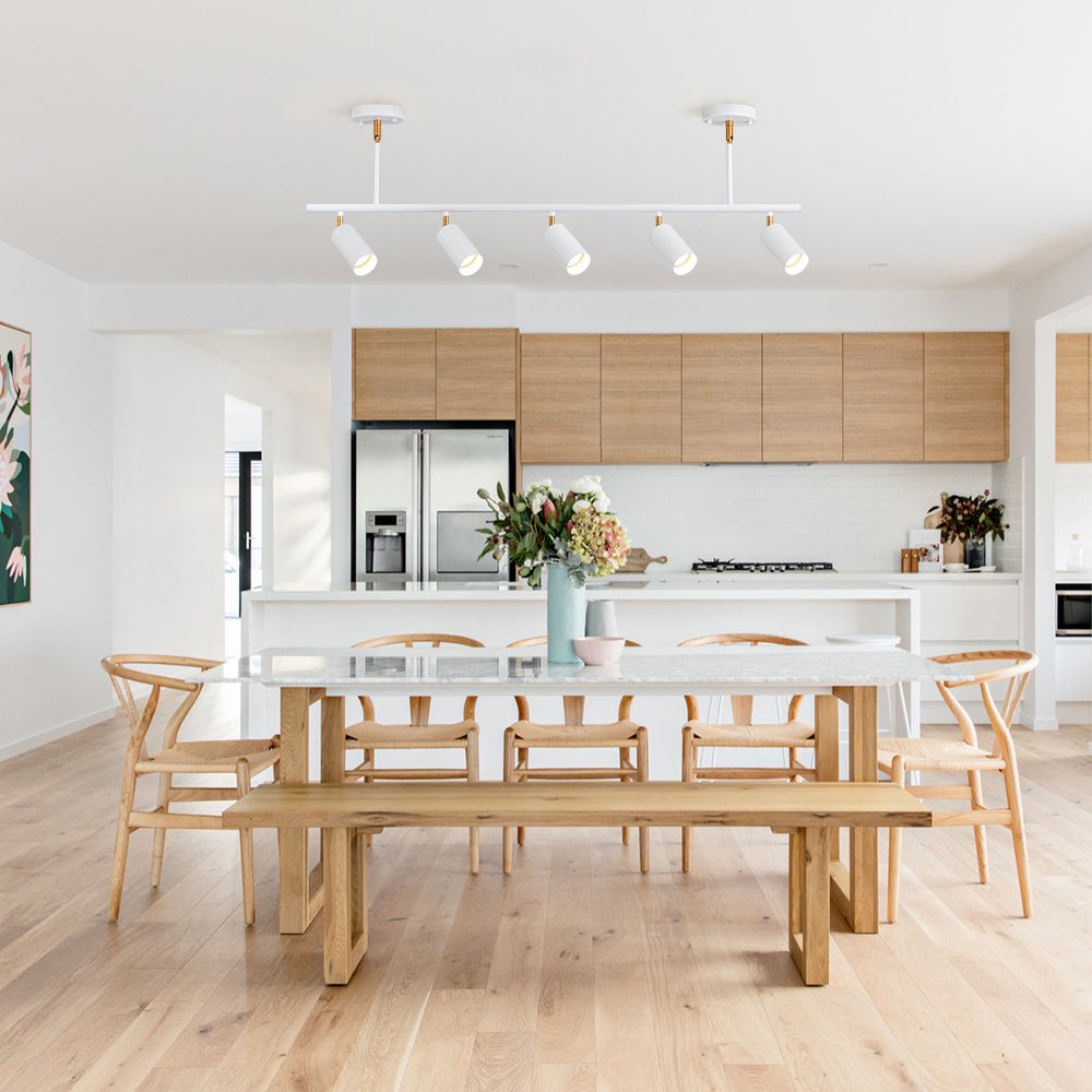 Mid-Century Modern Dimmable Track Light Pendant, Five-Bulb Linear Gold/White Fixture