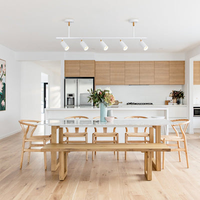 Mid-Century Modern Dimmable Track Light Pendant, Five-Bulb Linear Gold/White Fixture