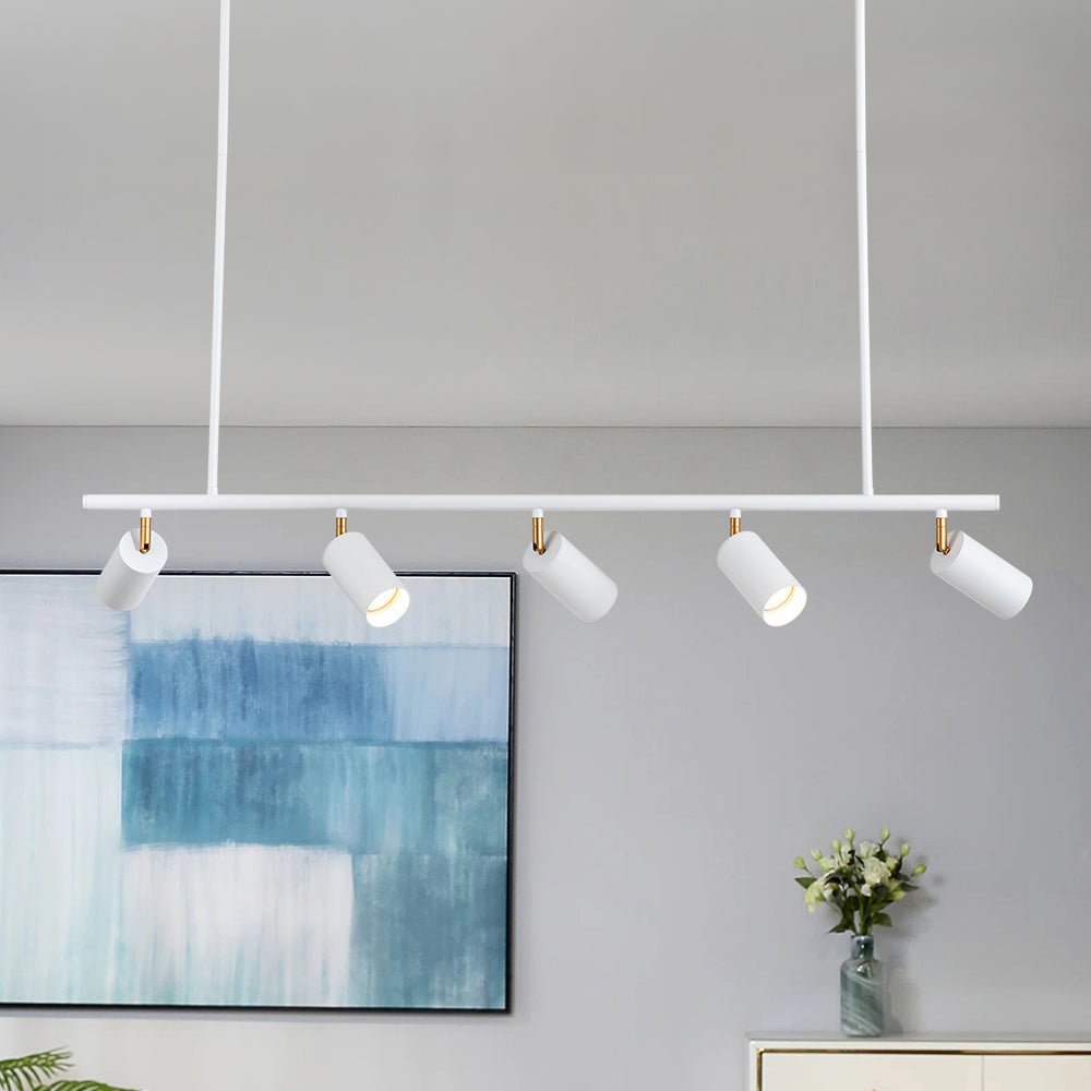 Mid-Century Modern Dimmable Track Light Pendant, Five-Bulb Linear Gold/White Fixture