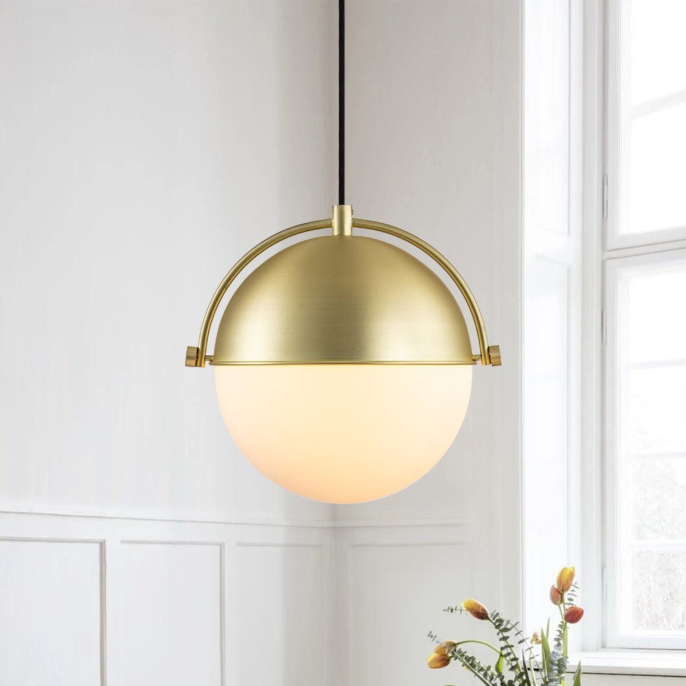 Elegant Mid-Century Brushed Brass Single Light Glass Globe Hanging Pendant Lighting