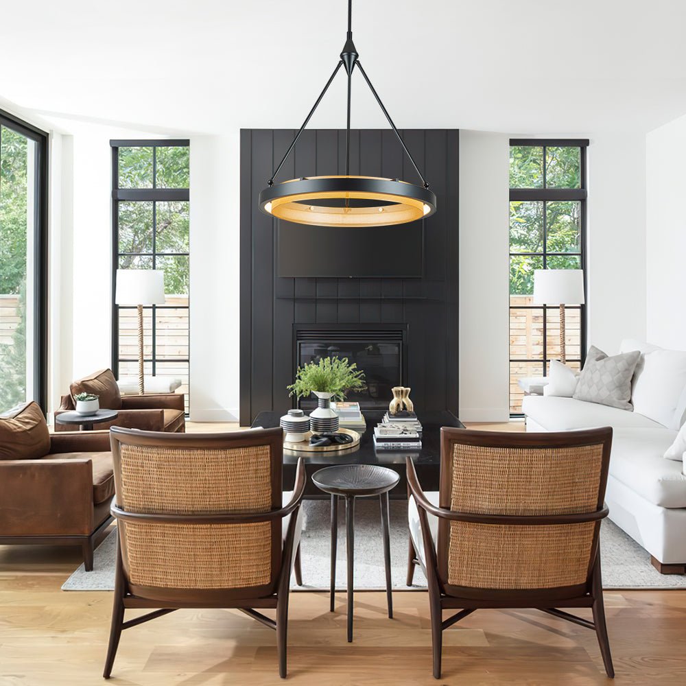 Dimmable LED Metal Mesh Circle Pendant Light - Adjustable Height, Black Gold