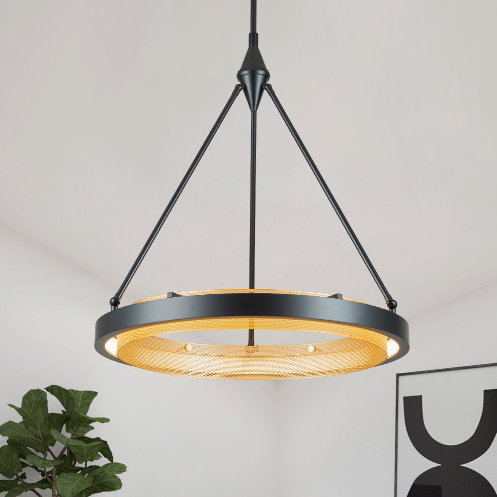 Dimmable LED Metal Mesh Circle Pendant Light - Adjustable Height, Black Gold